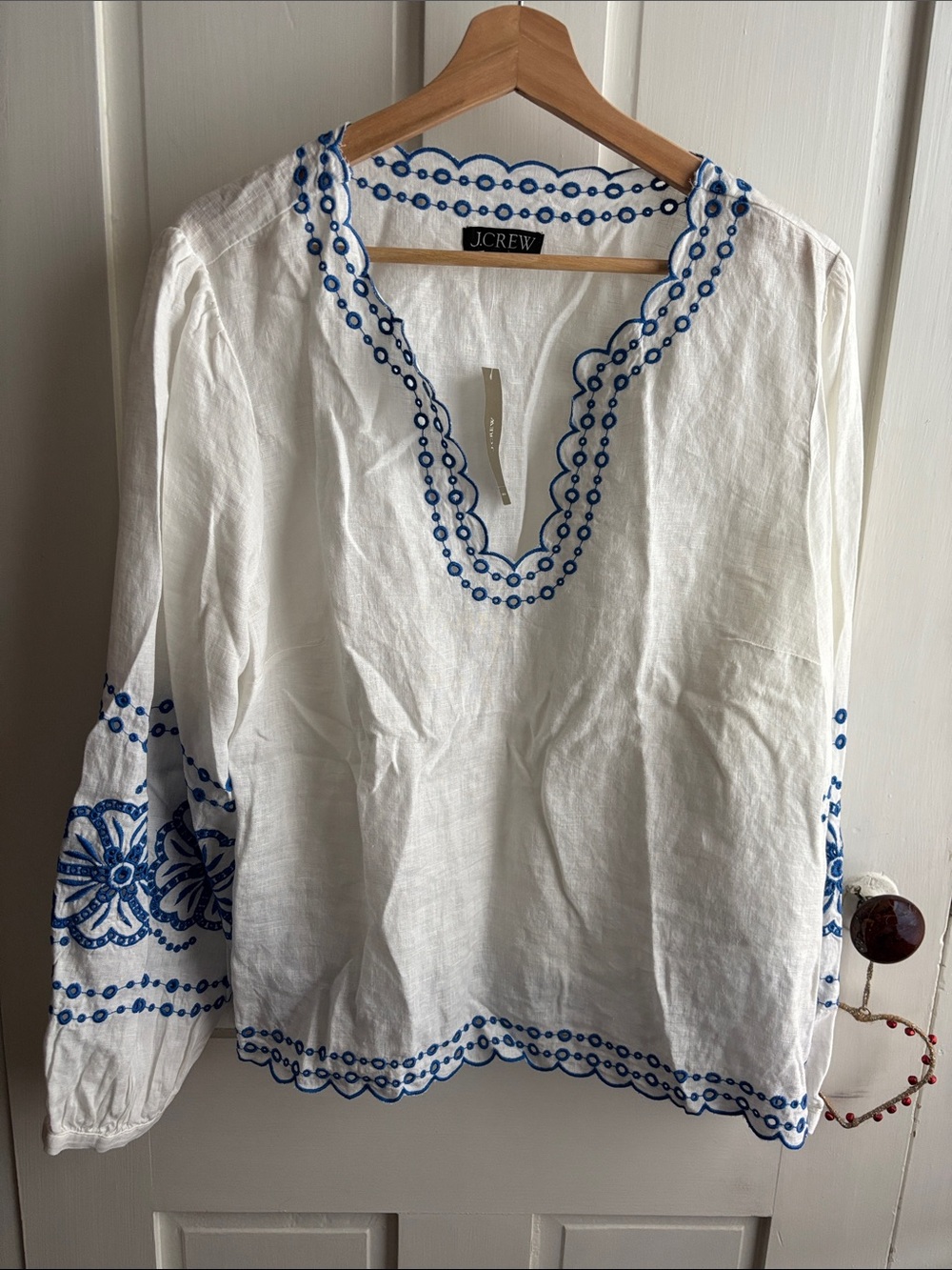 J. Crew White Linen Tunic with Blue Embroidery NWT